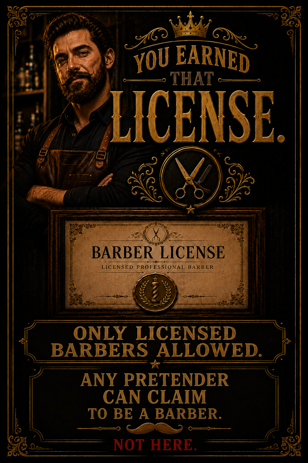 You earned that license. Only licensed barbers allowed. Any pretender can claim to be a barber. Not here.
